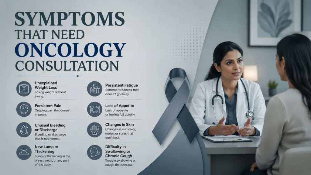 Oncology doctor consulting cancer patient in hospital.