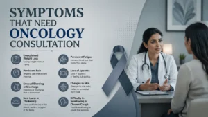 Oncology doctor consulting cancer patient in hospital.